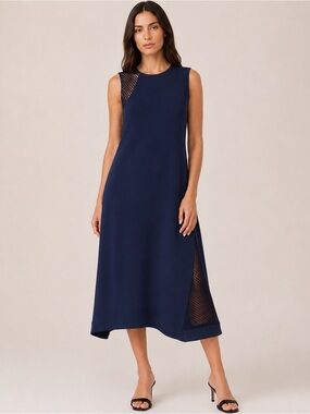 Nomia Asymmetric Inset Navy Mesh Midi Dress Size 4
